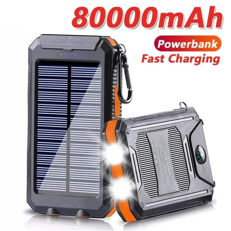 Solar power bank 80000mAh portable charger with strong LED light and compass for outdoor use