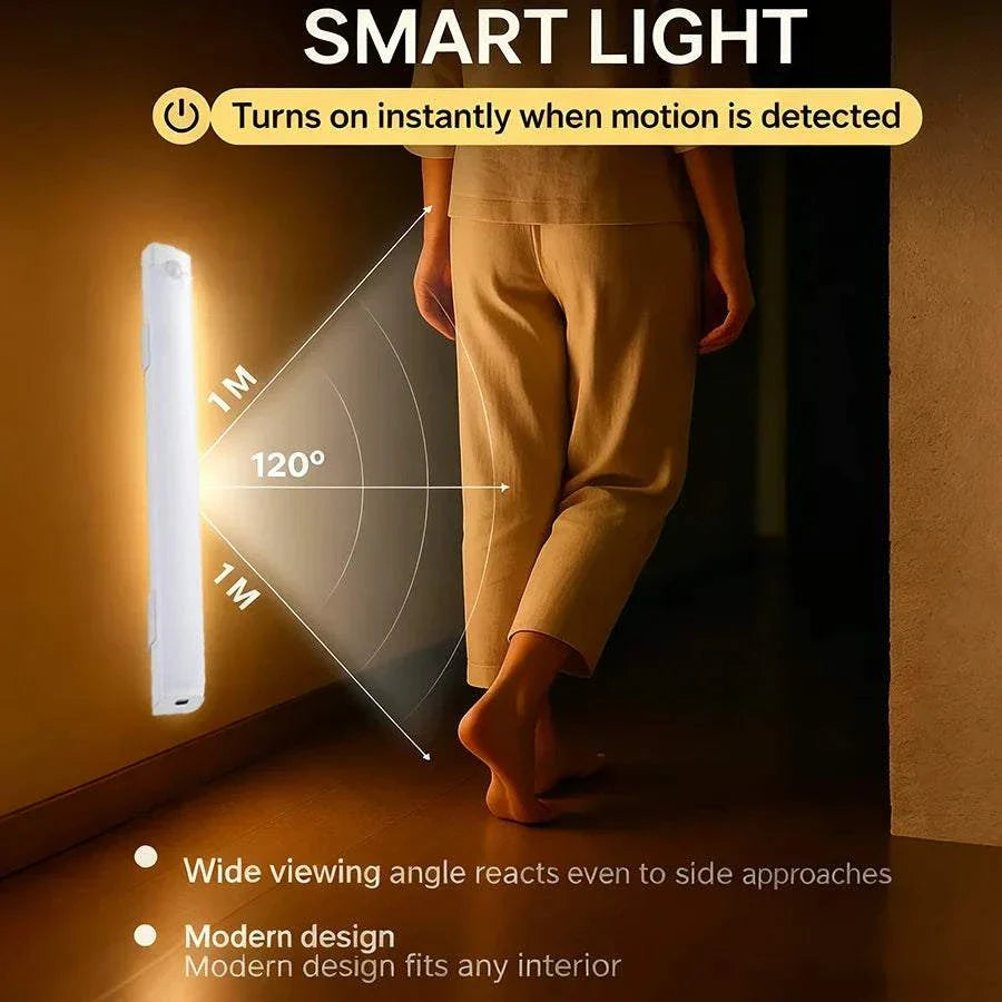 Wireless LED cabinet light with motion sensor, smart night light with wide 120-degree viewing angle, rechargeable and magnetic design for indoor use.