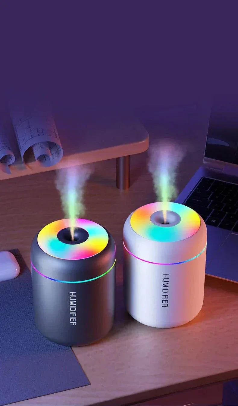 Compact mini air humidifier with USB power, LED light, and aromatherapy function