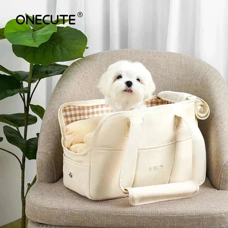 Puppy Go Out beige cotton portable shoulder dog carrier bag for small dogsPuppy Go Out