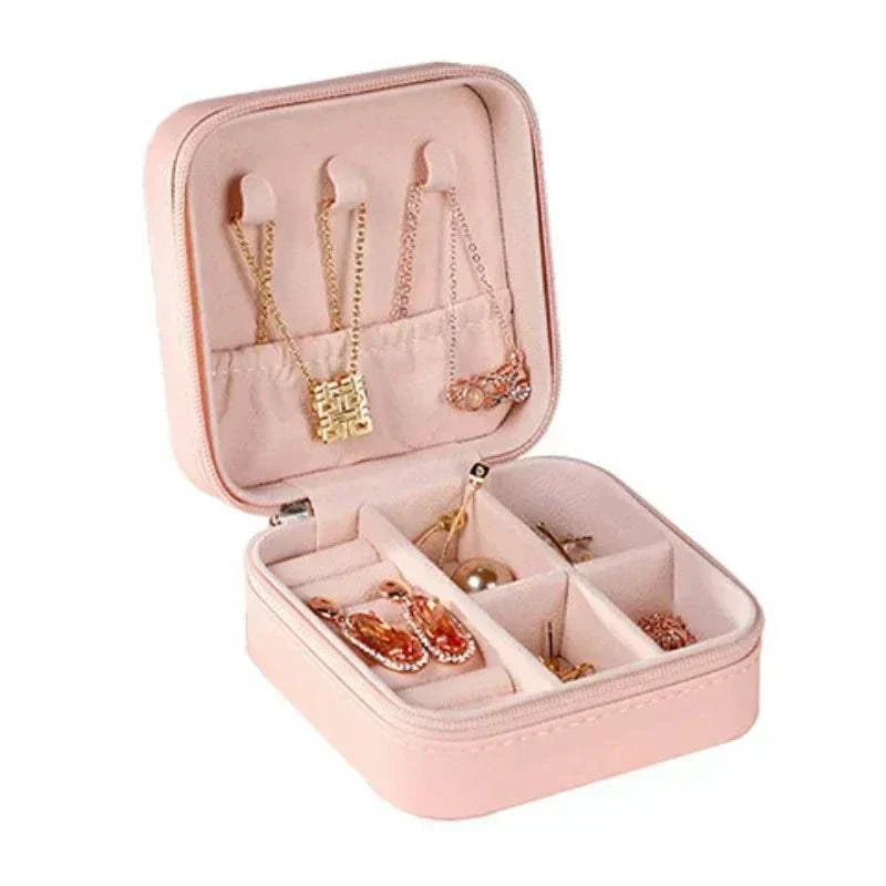Compact pink PU leather mini jewelry box organizer for travel and home storage