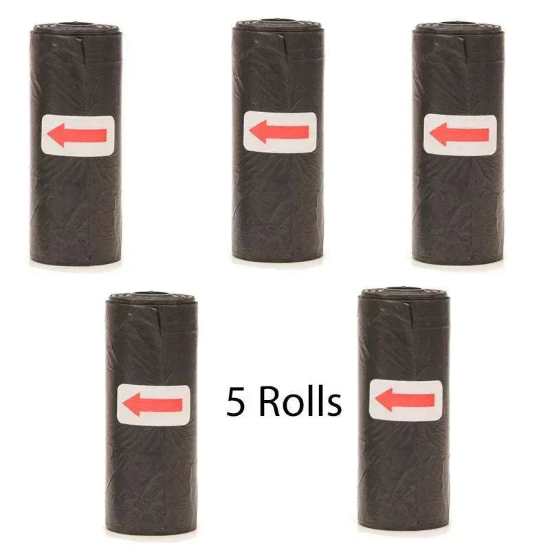 5 rolls of black biodegradable pet poop bags with red arrow labels for clean pet waste disposal