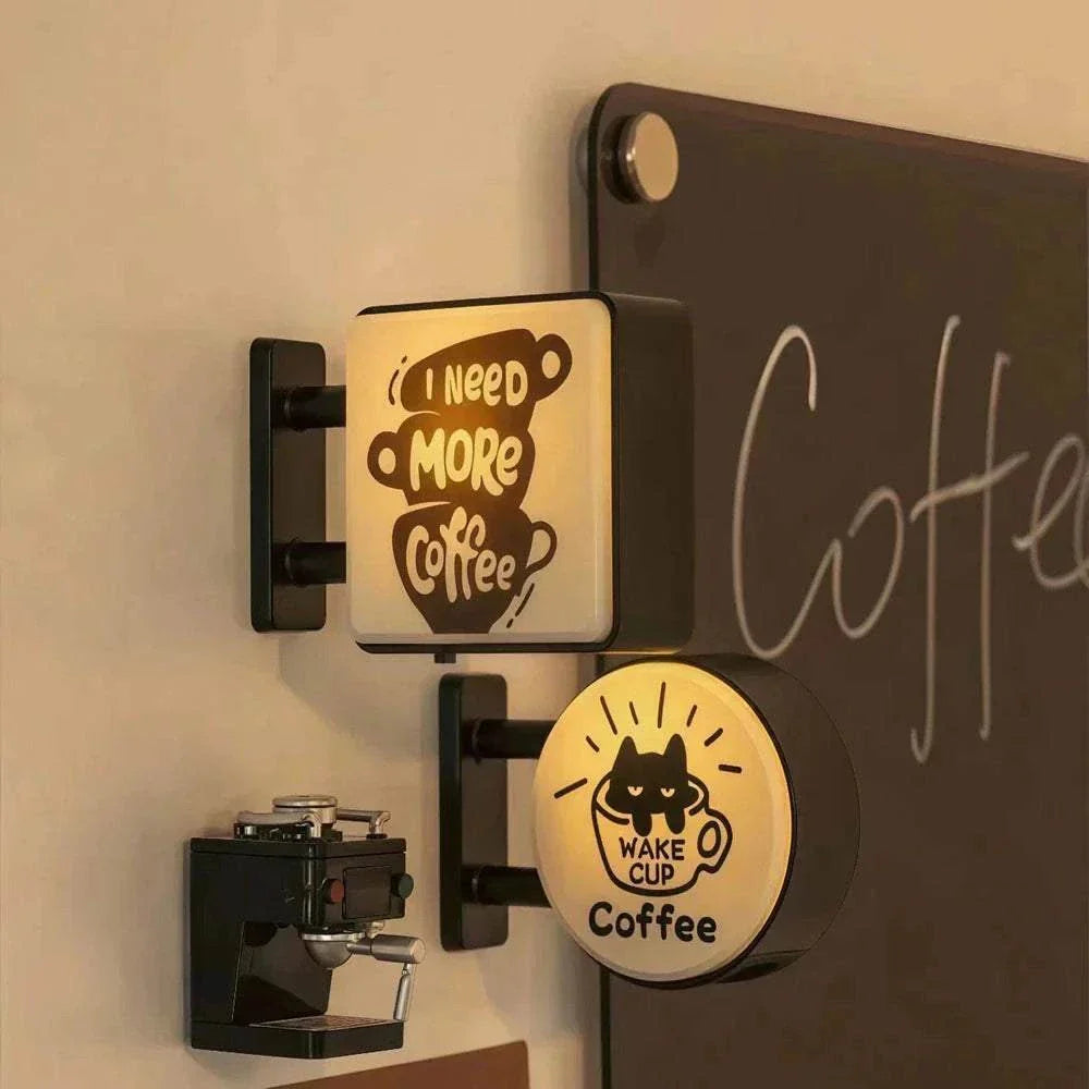 Mini Lightbox fridge magnet with coffee design glowing on wall, decorative and magnetic souvenir