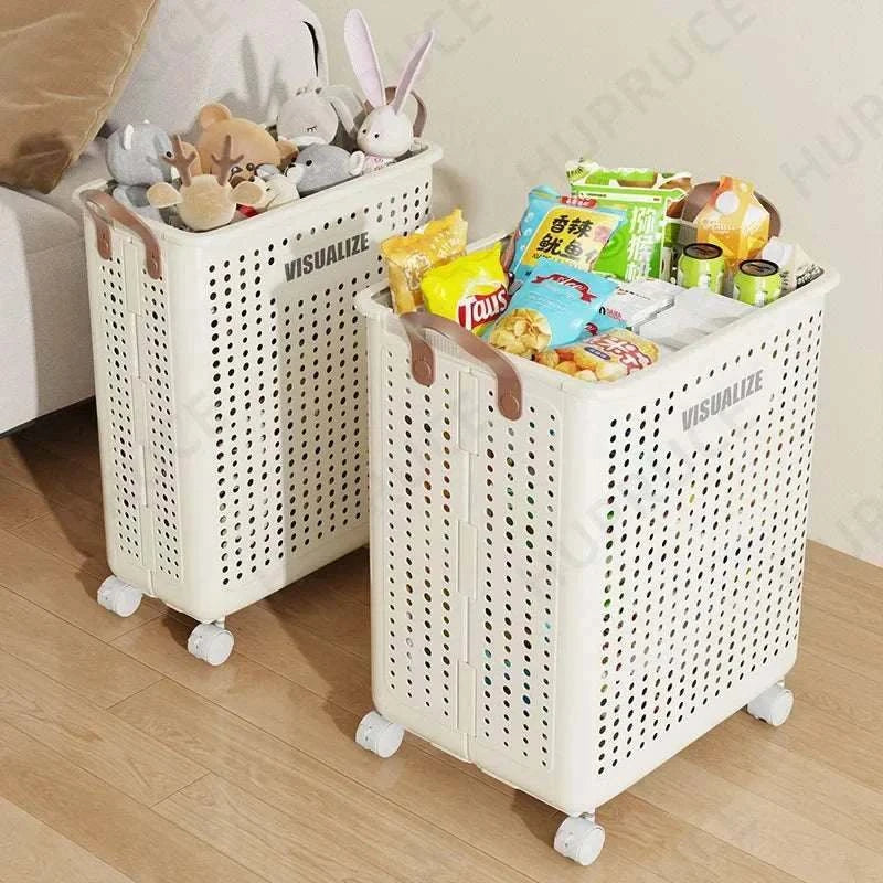 Foldable laundry organizer basket with wheels for clothes and toy storage in cream white