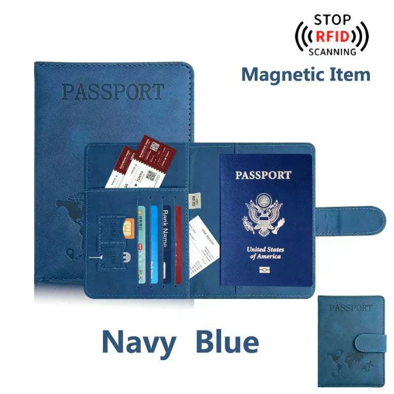 Compact unisex passport holder for travel with RFID blocking, magnetic closure, and multiple slots in soft PU leather