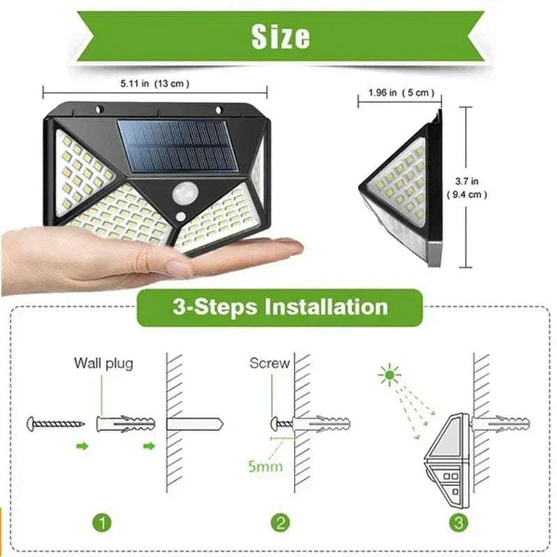 100 LED solar wall light with motion sensor and wide-angle illumination