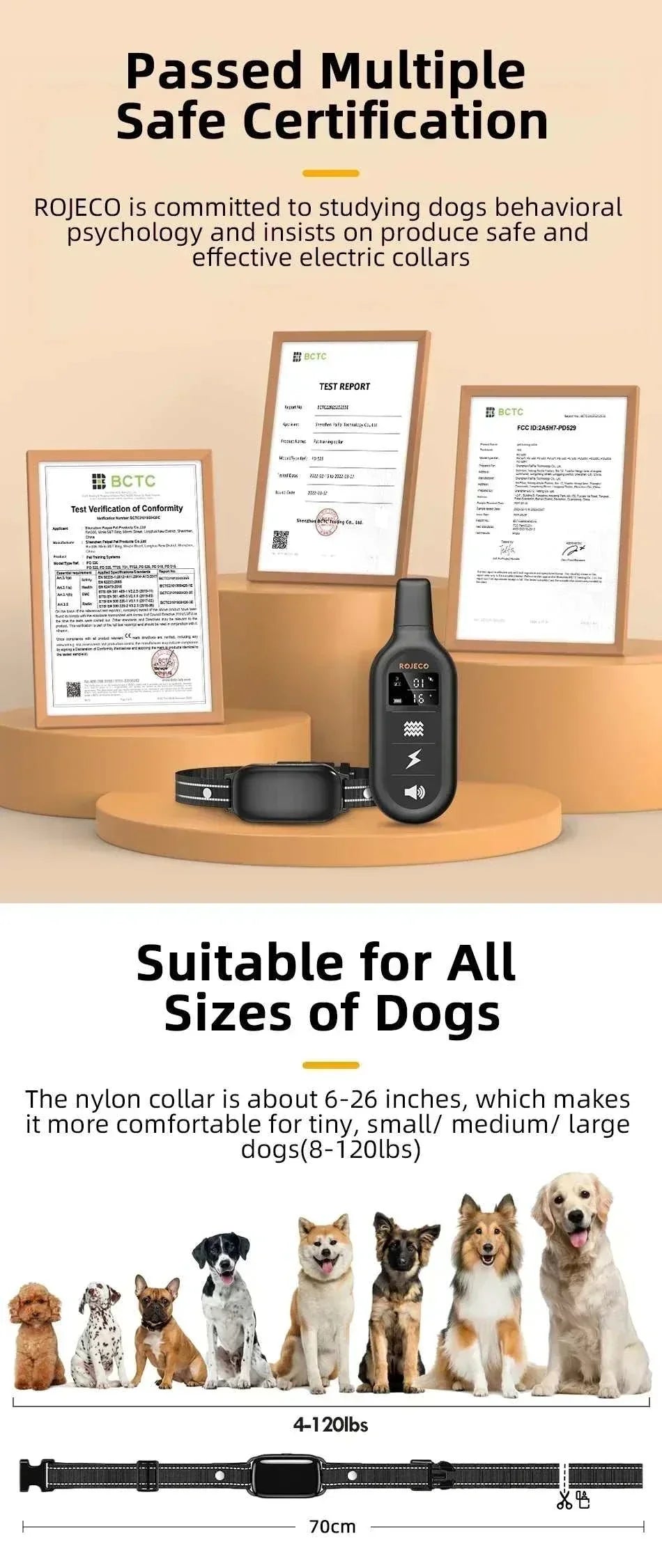 Electric dog training collar with digital remote, waterproof design, multiple modes, rechargeable battery, and adjustable fit for all dog sizes.