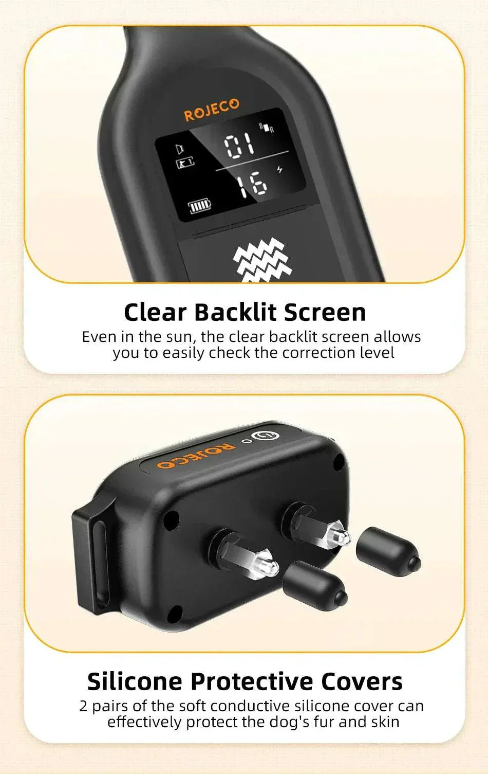Electric dog training collar with digital remote, backlit screen, and silicone protective covers for comfortable, waterproof, rechargeable use