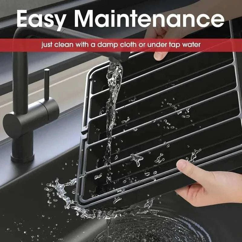 Adjustable pantry organizer being rinsed under kitchen sink water for easy maintenance and cleaning