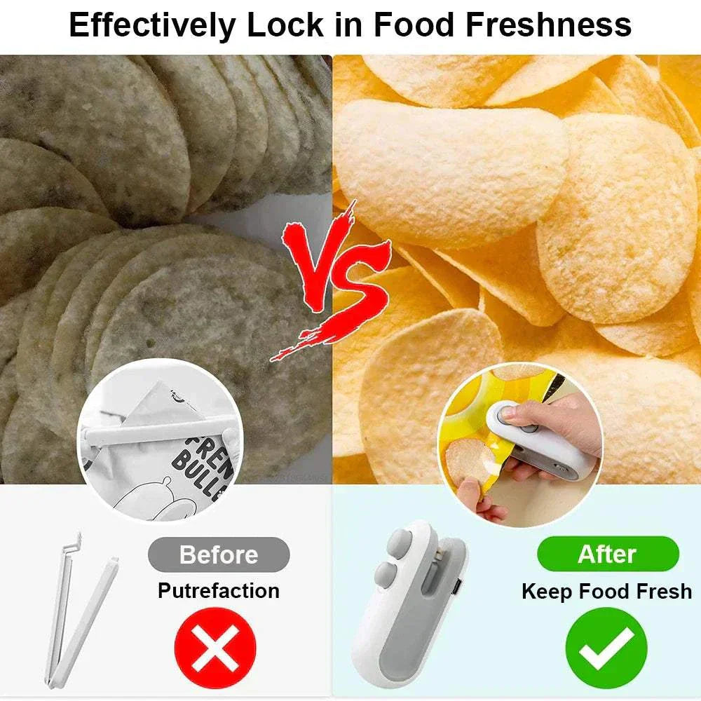 Mini handheld heat bag sealing machine sealing a plastic snack bag airtight.