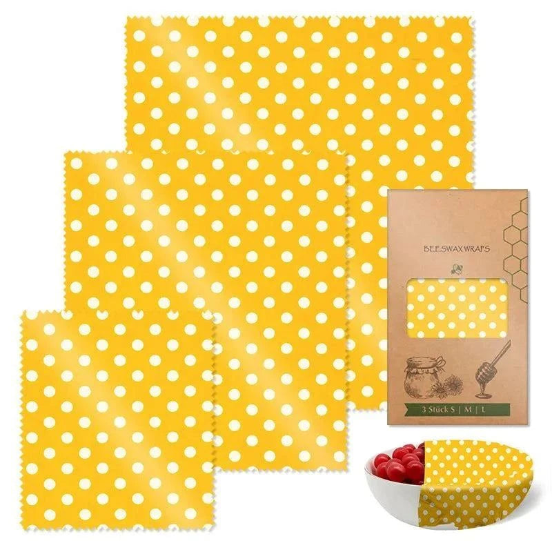 3-piece set beeswax food wraps reusable organic cotton yellow polka dot wax cloth eco-friendly plastic wrap alternative