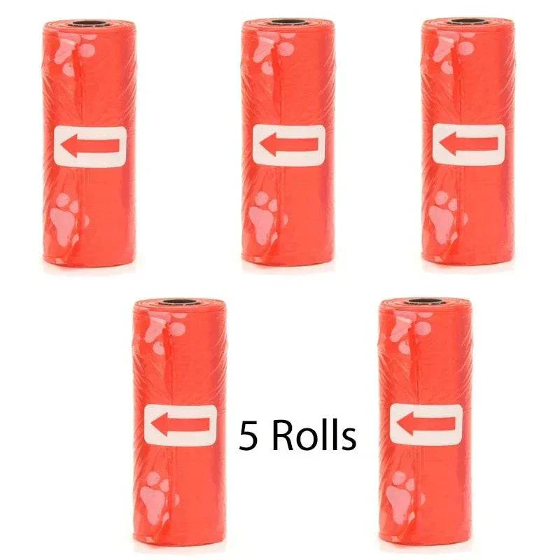 Red pet poop bags with paw prints, 5 rolls biodegradable dog waste bags for clean pet waste disposal