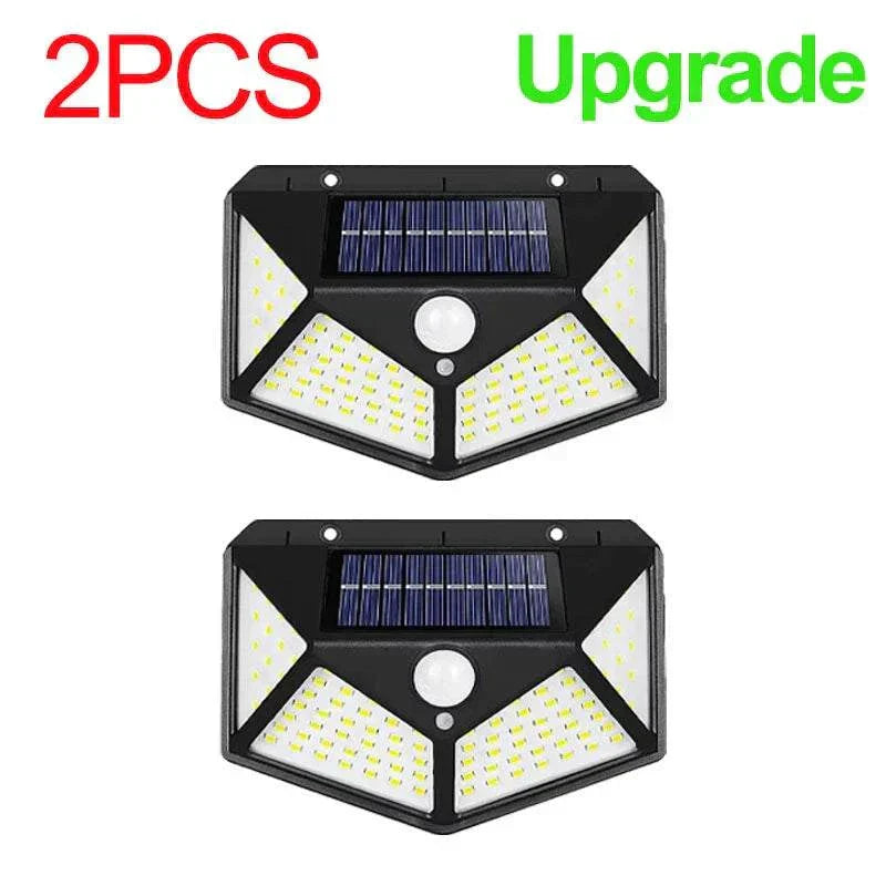 100 LED solar wall light with motion sensor and wide-angle outdoor illumination