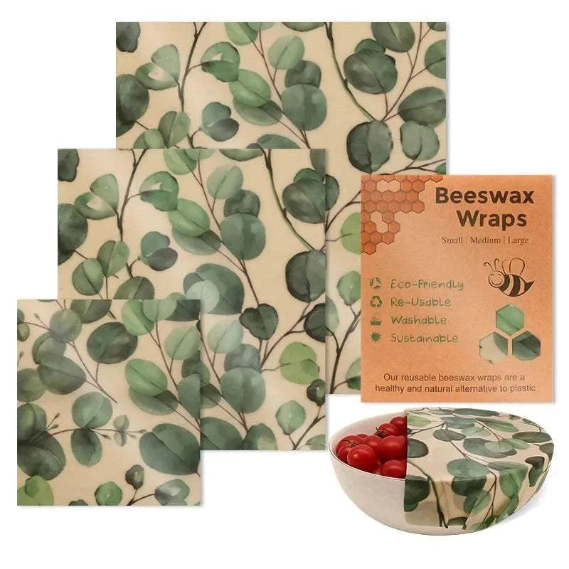 3-piece reusable beeswax food wraps with green leaf pattern for eco-friendly food storage