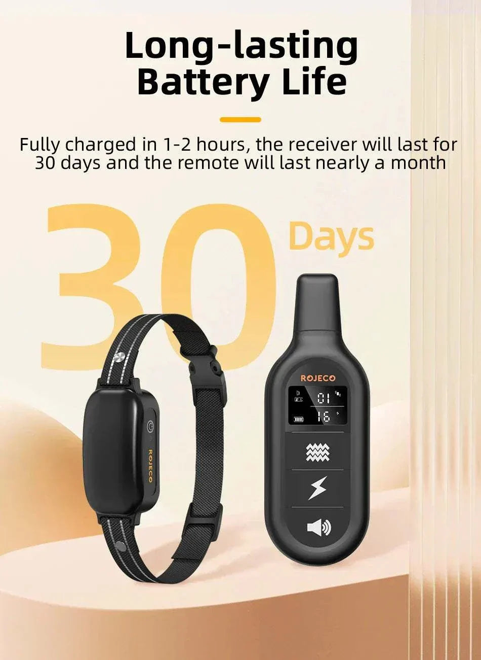 Electric dog training collar with remote control and long-lasting rechargeable battery