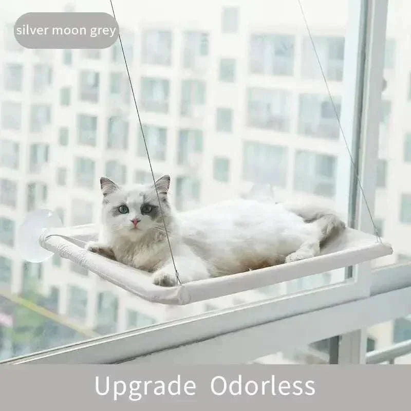 Space-saving ultra-soft cat window hammock bed with strong suction cups and breathable fabric in silver moon grey color