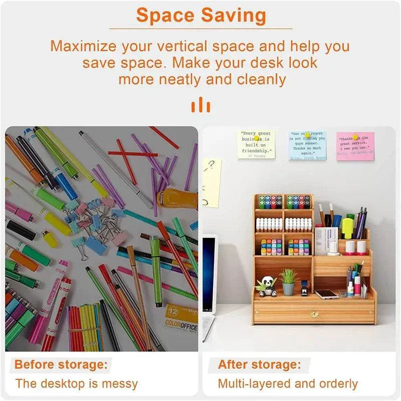 Wooden desk organiser with multiple compartments and pull-out drawer for office supplies