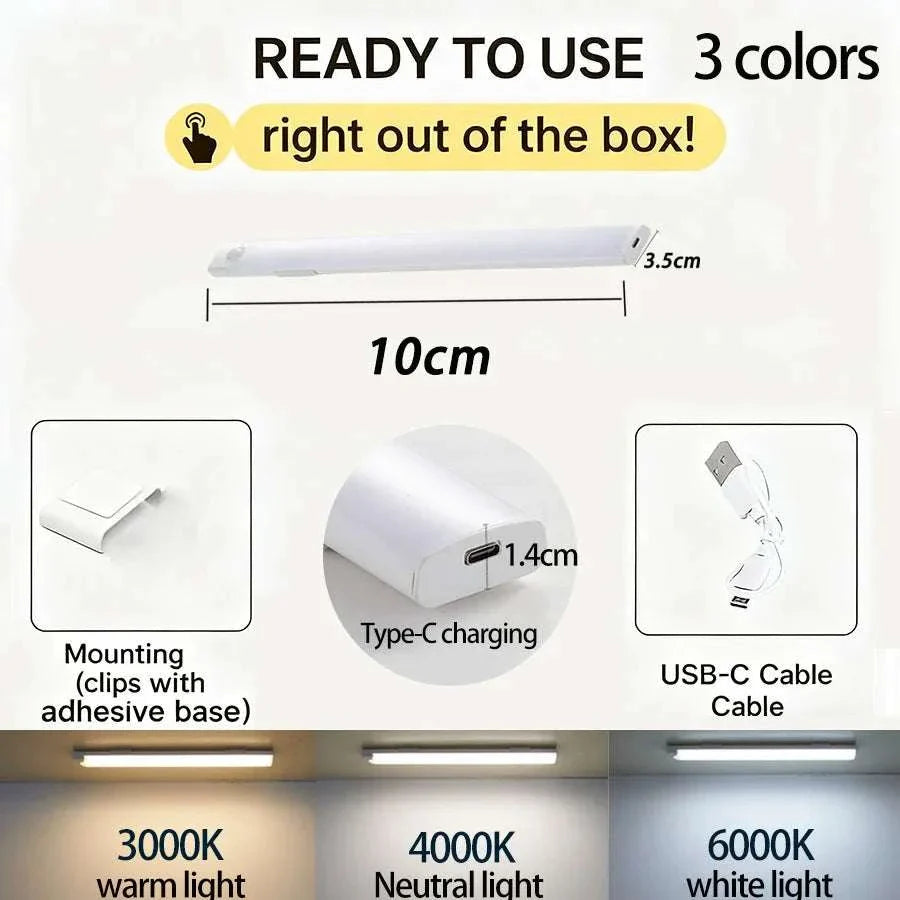 Wireless LED cabinet light 10cm with motion sensor, rechargeable battery, USB-C charging, and three color temperatures for kitchen and closet lighting