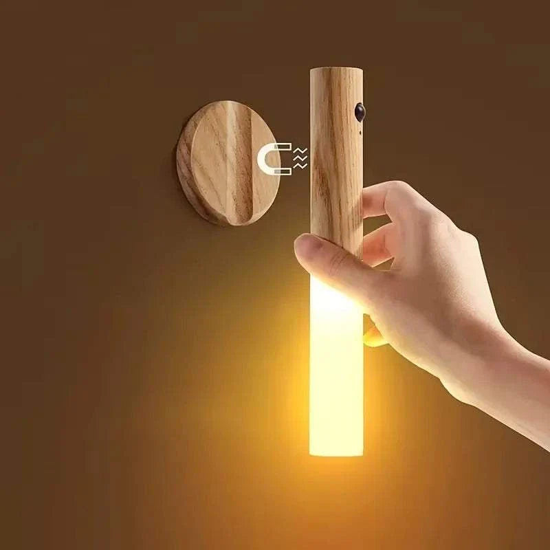 LED night light with wooden magnetic base, USB rechargeable, motion sensor bedside lamp emitting warm white light LED Night Light