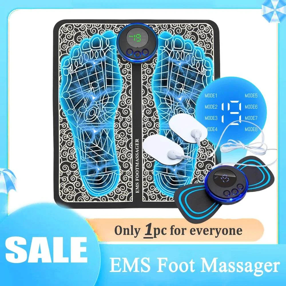 Foldable EMS Foot Massager Mat with electric TENS and multiple massage modes for muscle stimulation and foot pain relief