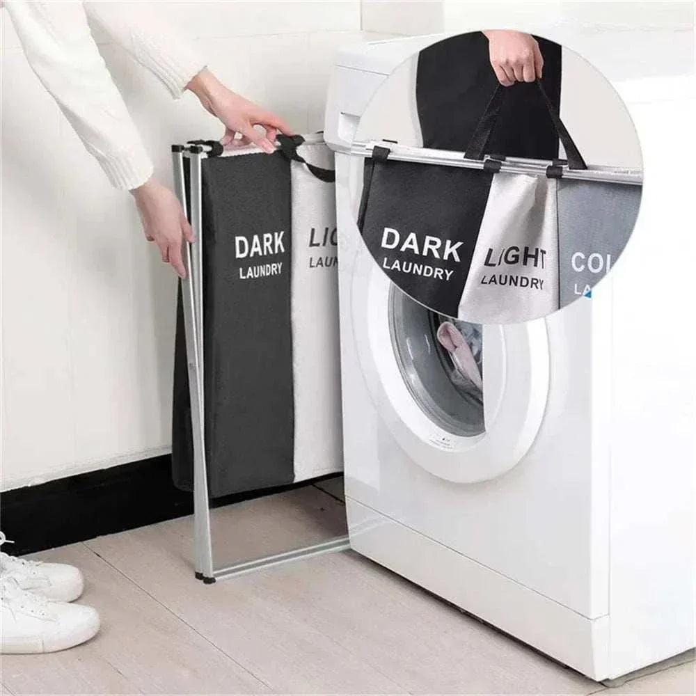 Foldable 3-grid laundry basket with waterproof Oxford fabric and handles for sorting dark, light, and colorful clothes Laundry Basket