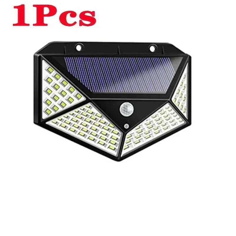100 LED solar wall light with motion sensor and wide-angle illumination outdoors