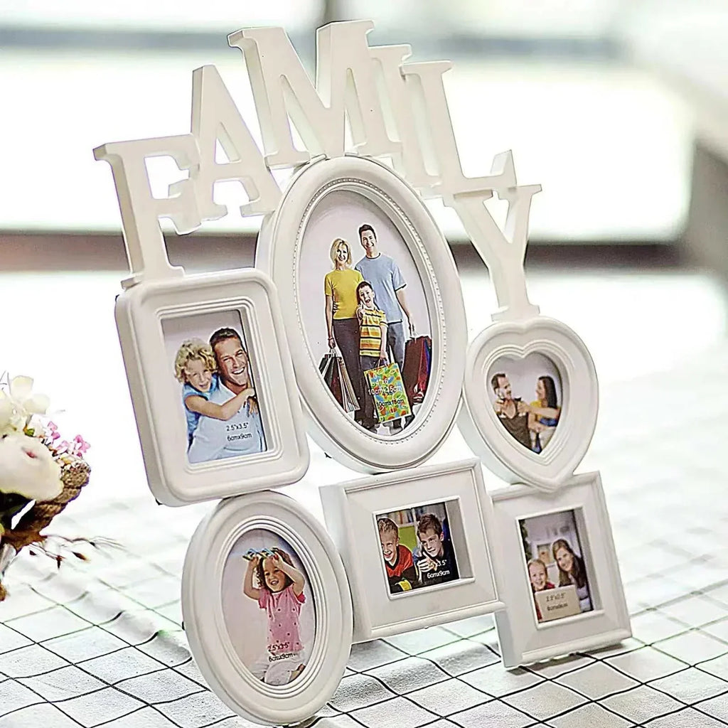 Modern family photo frame wall hanging holding six pictures, minimalist design for stylish home decor