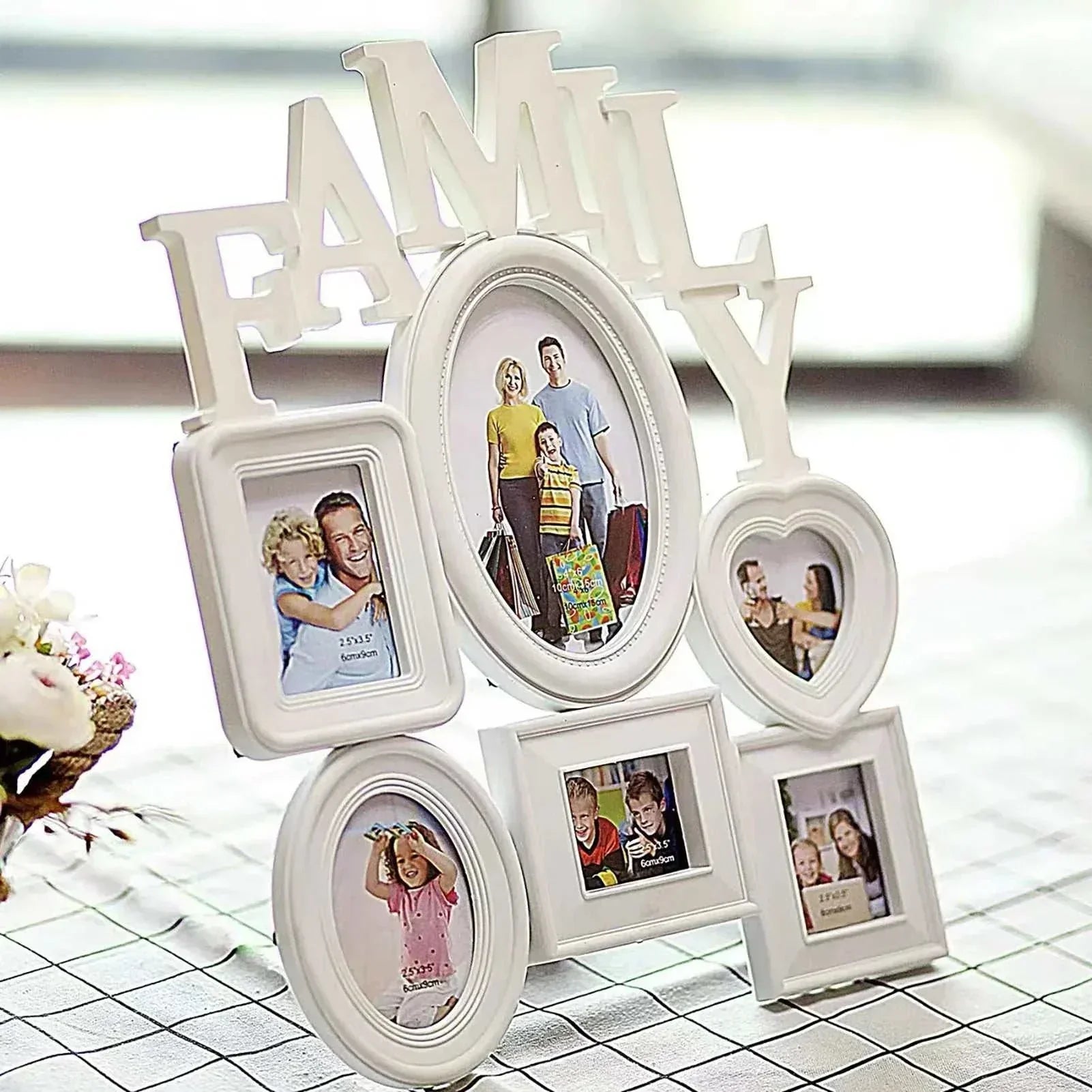 Modern family photo frame wall hanging holding six pictures, minimalist design for stylish home decor