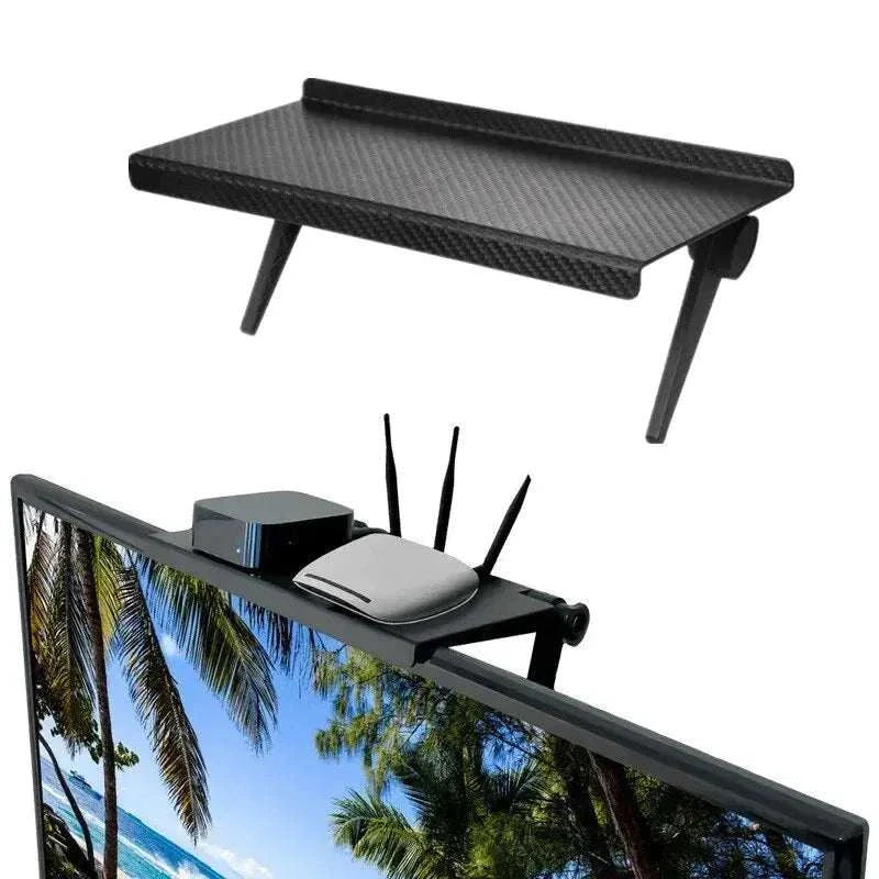 Computer and TV screen storage rack organizing wireless router and set-top box in sleek black design