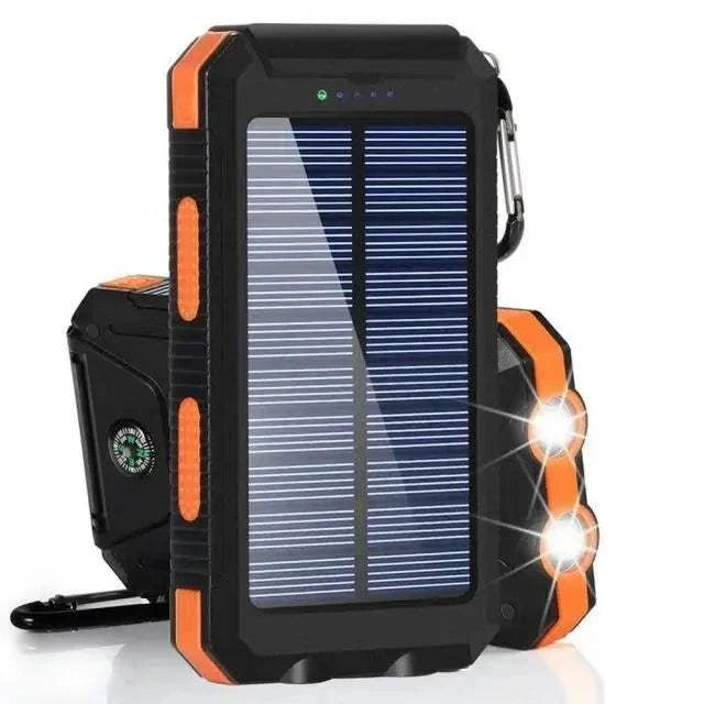 Portable solar power bank 80000mAh with LED light, compass, and dual USB charging ports for outdoor travel