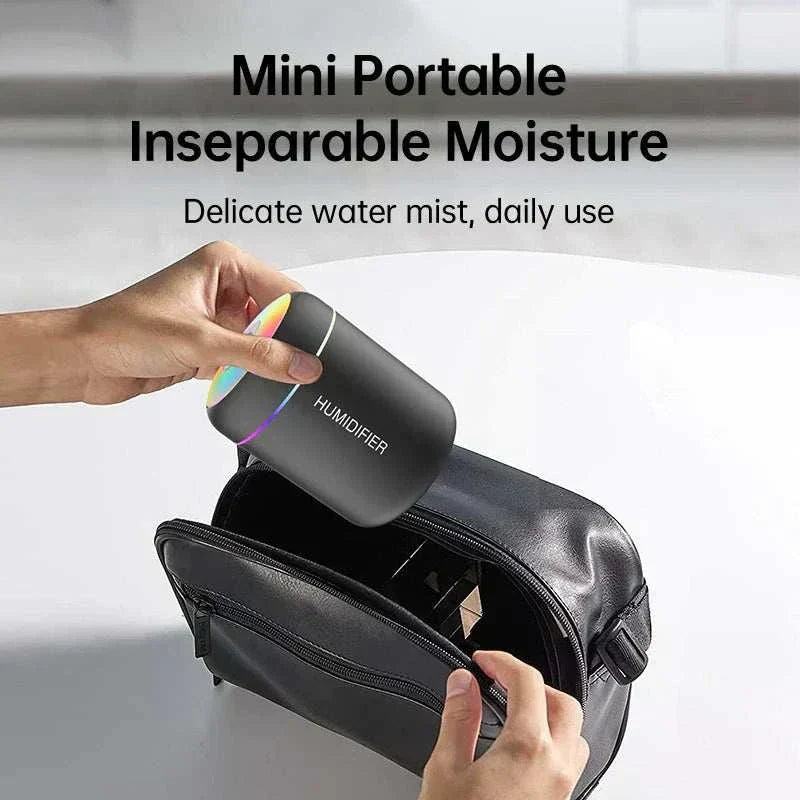 Portable mini air humidifier with LED light and USB power for aromatherapy and continuous mist