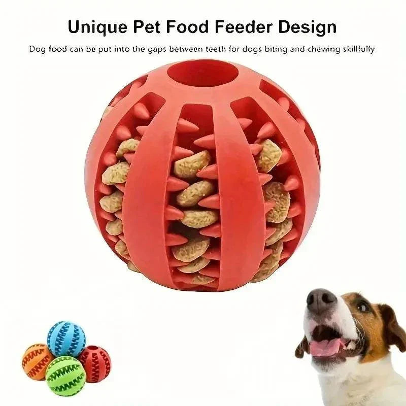 Durable rubber dog toy ball for teeth cleaning and treat feeding, suitable for all pet sizes