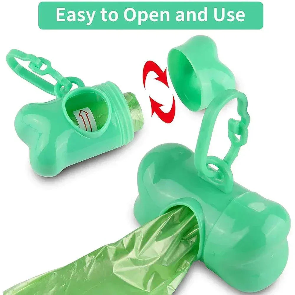 Bone-shaped green pet poop bag dispenser with leash clip and biodegradable bags roll inside