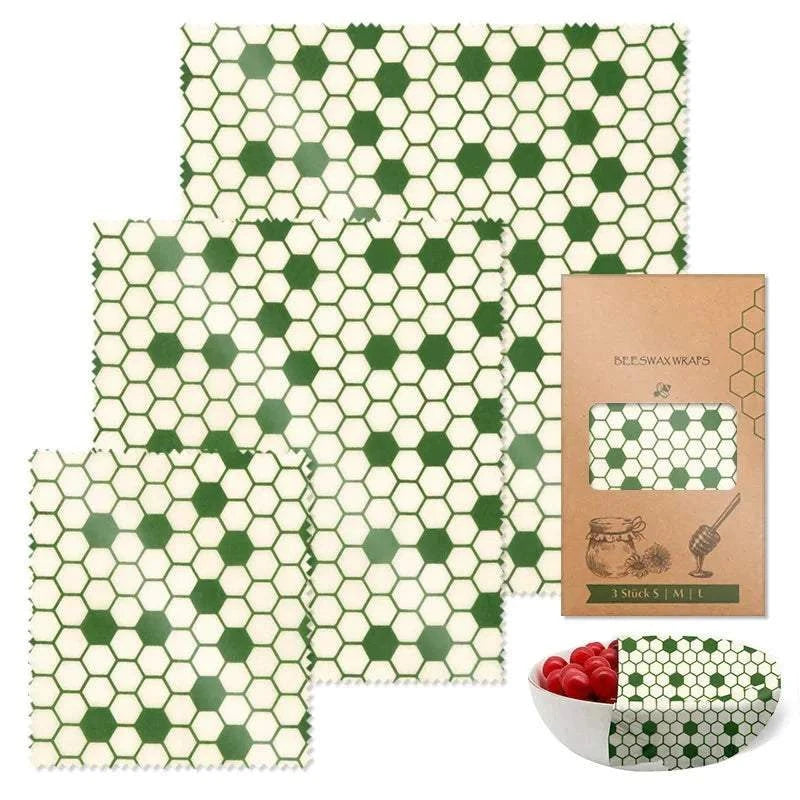 3PC set reusable beeswax food wraps with organic cotton honeycomb pattern and eco-friendly packaging