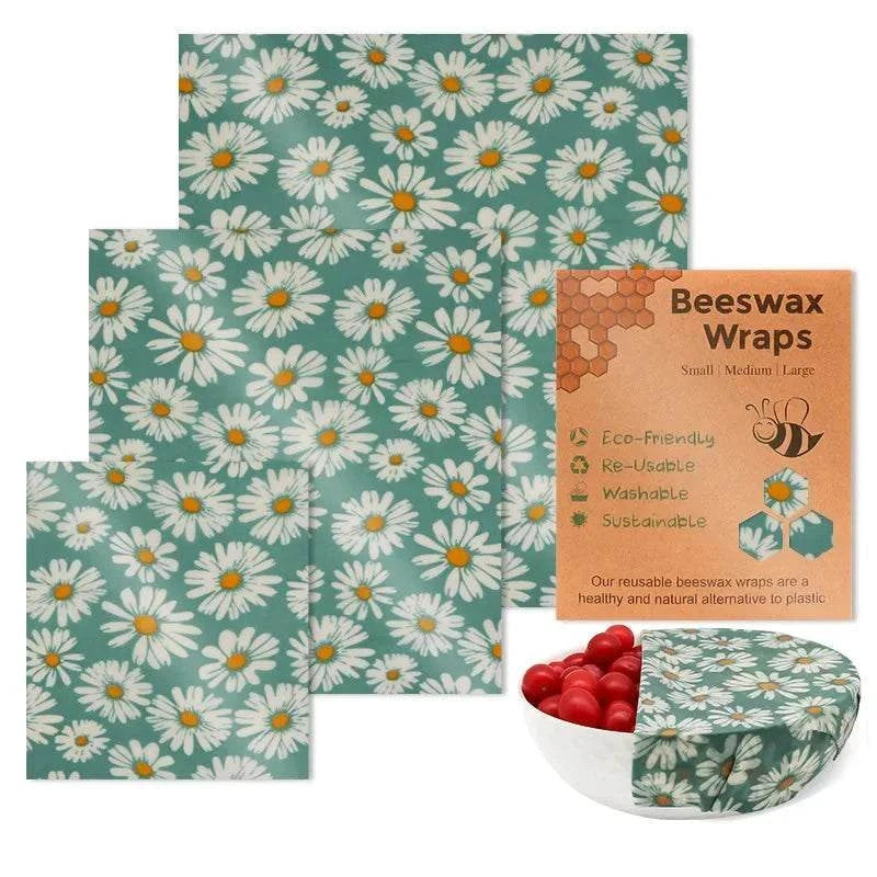 3-piece set of reusable beeswax food wraps with daisy pattern, eco-friendly, washable, and sustainable alternative to plastic wrap