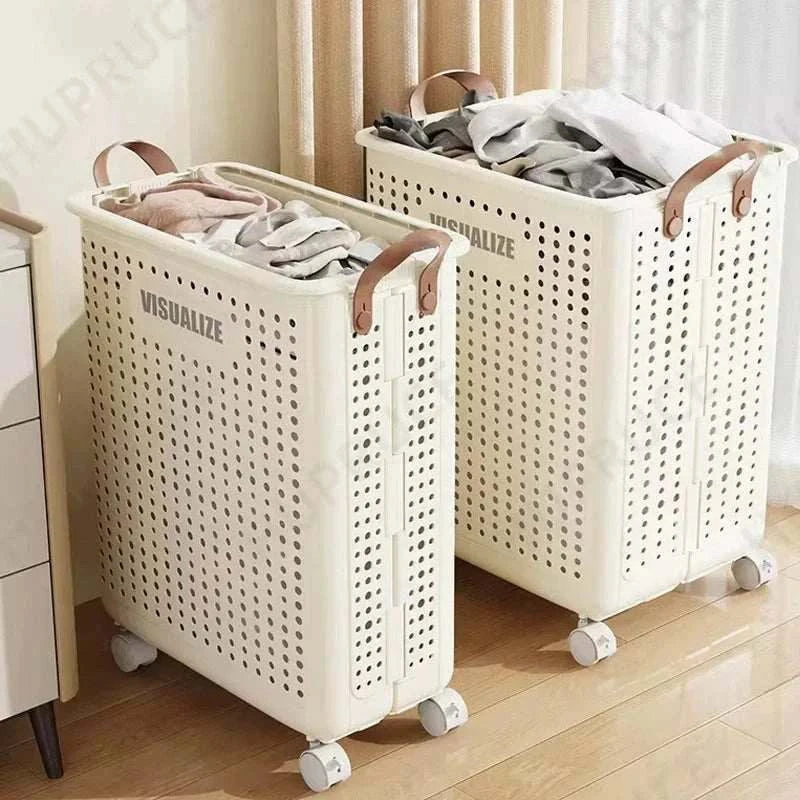 Foldable laundry organizer basket with wheels and leather handles in cream white