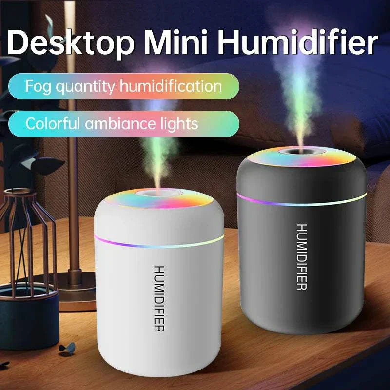 Compact mini air humidifier with LED light and USB power for aromatherapy and moisture