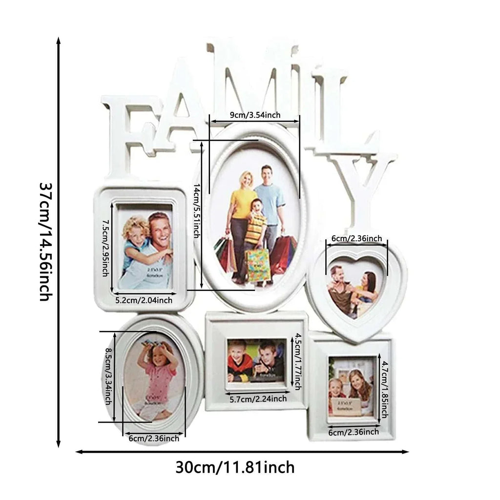 Modern family photo frames wall hanging displaying six pictures with minimalist design