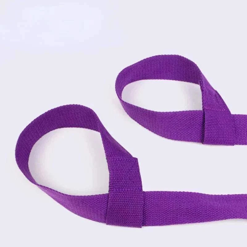 Adjustable purple yoga mat carry belt strap with elastic ends and shoulder loops