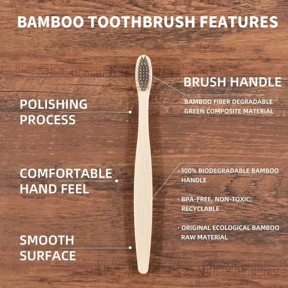 Set of 10 natural bamboo toothbrushes with black charcoal bristles, eco-friendly and biodegradable handles