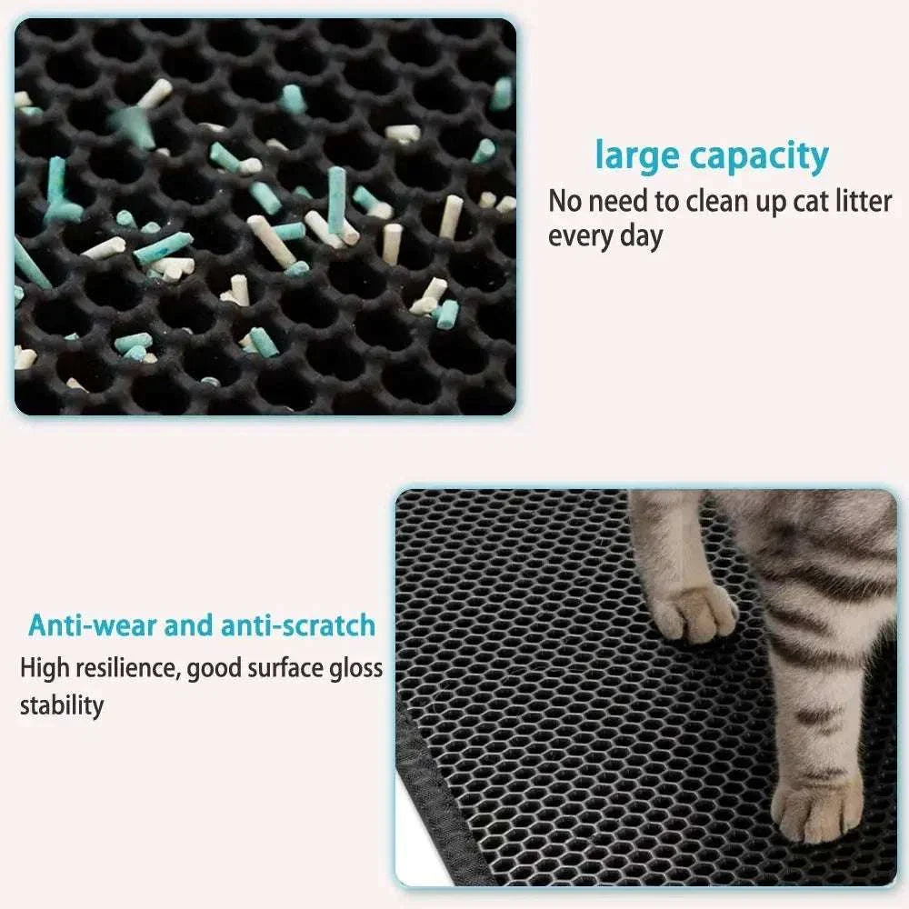 Double layer waterproof cat litter mat with honeycomb surface and non-slip base for effective litter trapping and easy cleaning