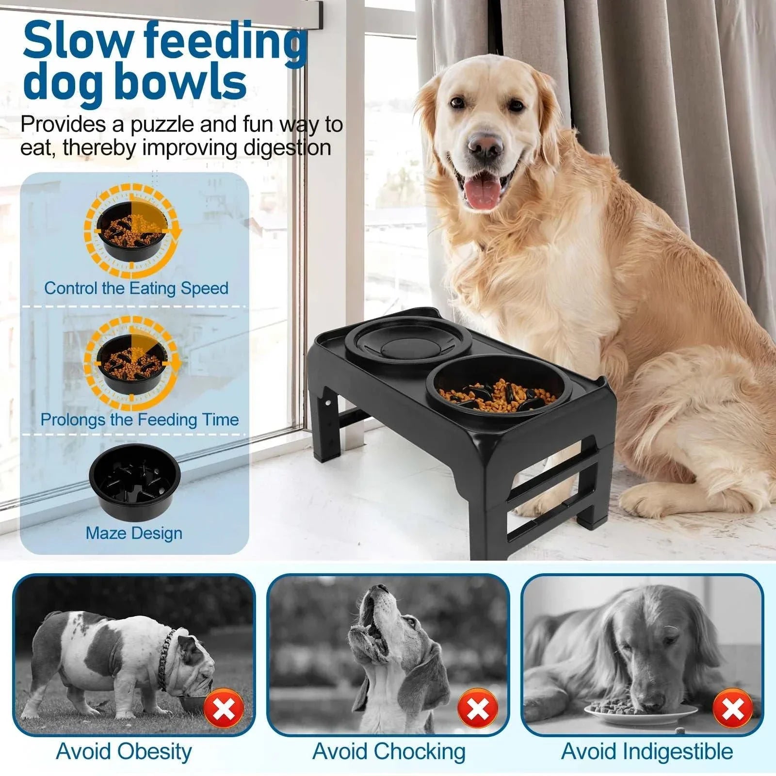 Elevated dog bowls with 2-in-1 raised slow feeder and anti-spill water bowl, adjustable height, for large and medium dogs