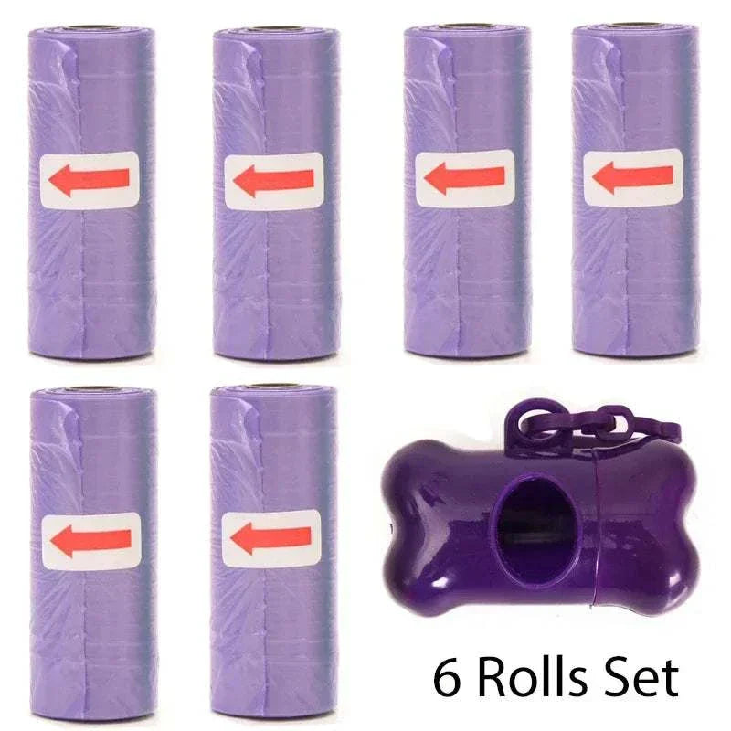 Purple pet poop bags 6 rolls with bone-shaped dispenser and leash clip set