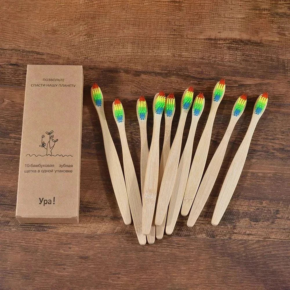 10-piece natural bamboo toothbrush set with black charcoal bristles, eco-friendly and biodegradable