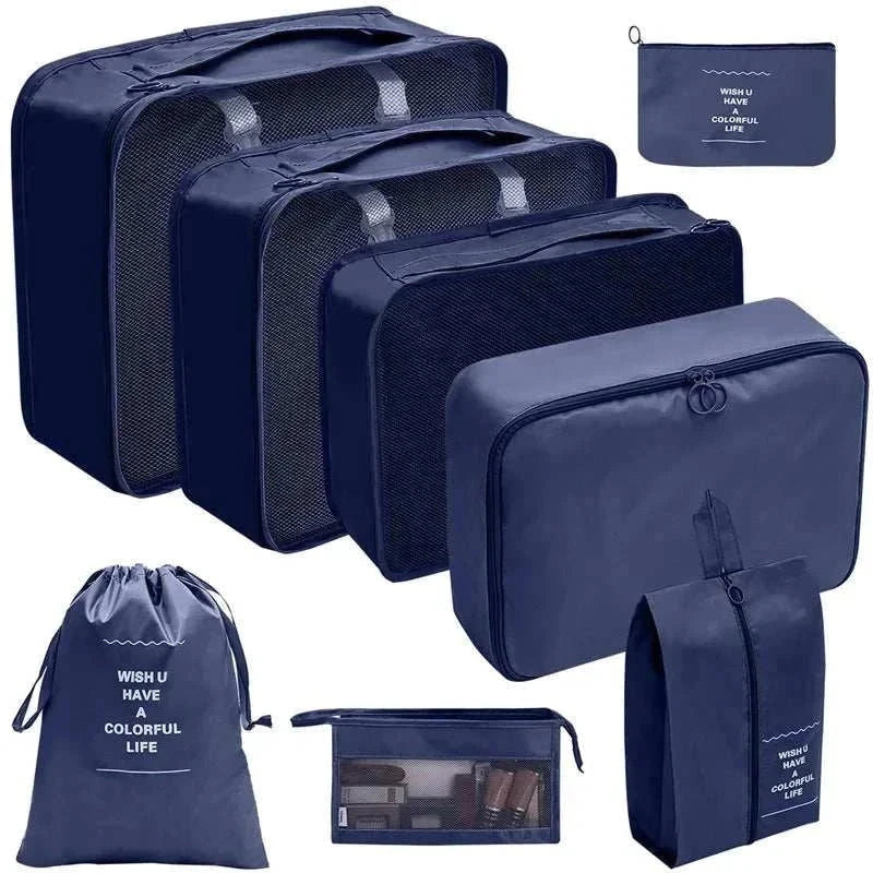 Set of portable travel organizer storage bags in various sizes for luggage packing