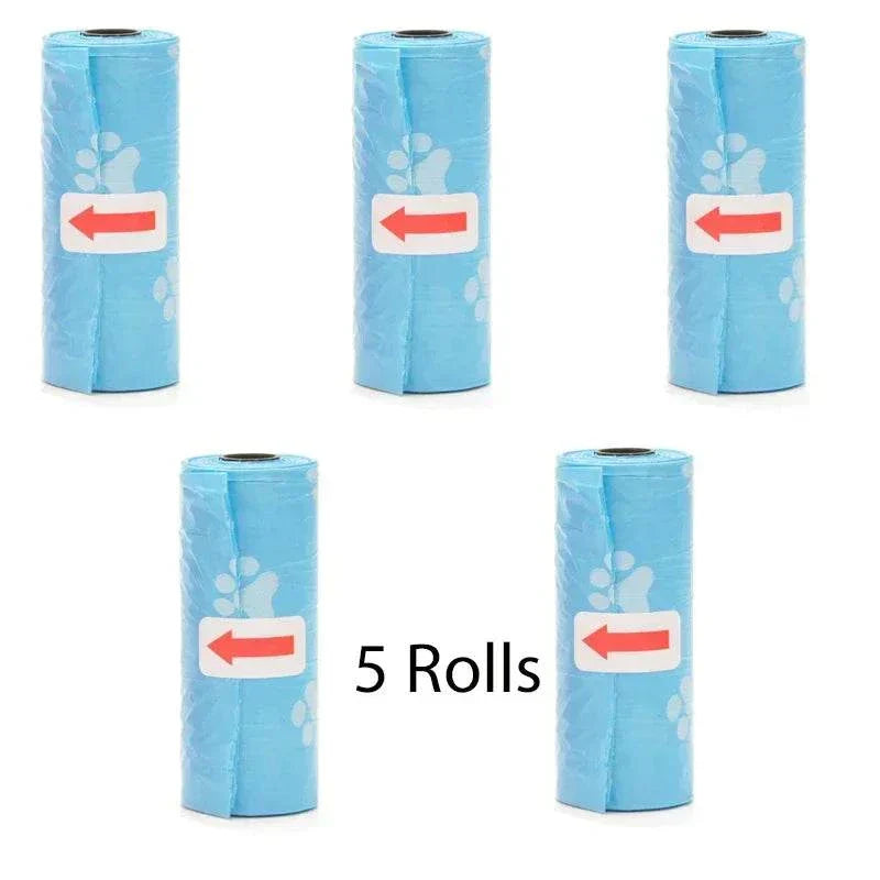 Five rolls of blue pet poop bags with paw print design and red arrow labels