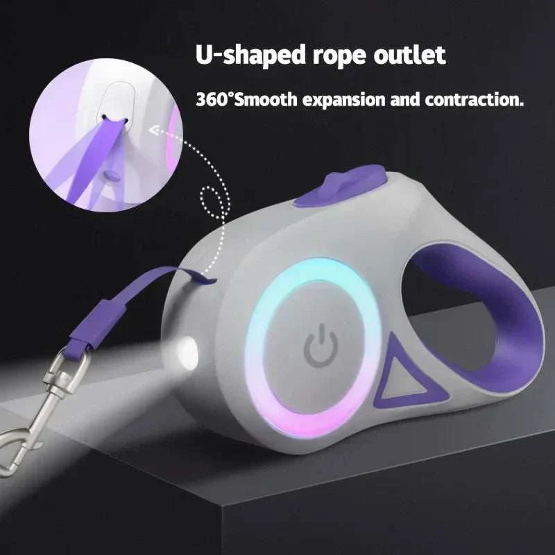 LED retractable dog leash with built-in light and ergonomic grip for safe nighttime pet walks