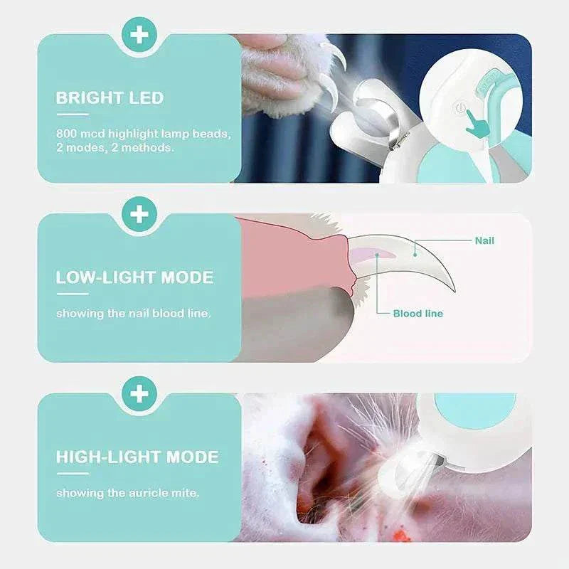 LED light pet nail clipper with safety lock and stainless steel blades for precise grooming