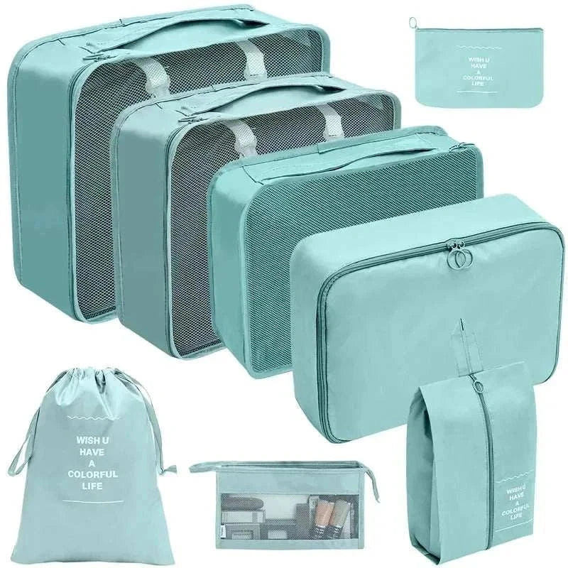 Travel organizer storage bags set with multiple sizes for clothes and accessories in suitcases