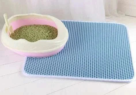 Double layer waterproof cat litter mat with honeycomb surface and non-slip base for trapping scattered litter and easy cleaning